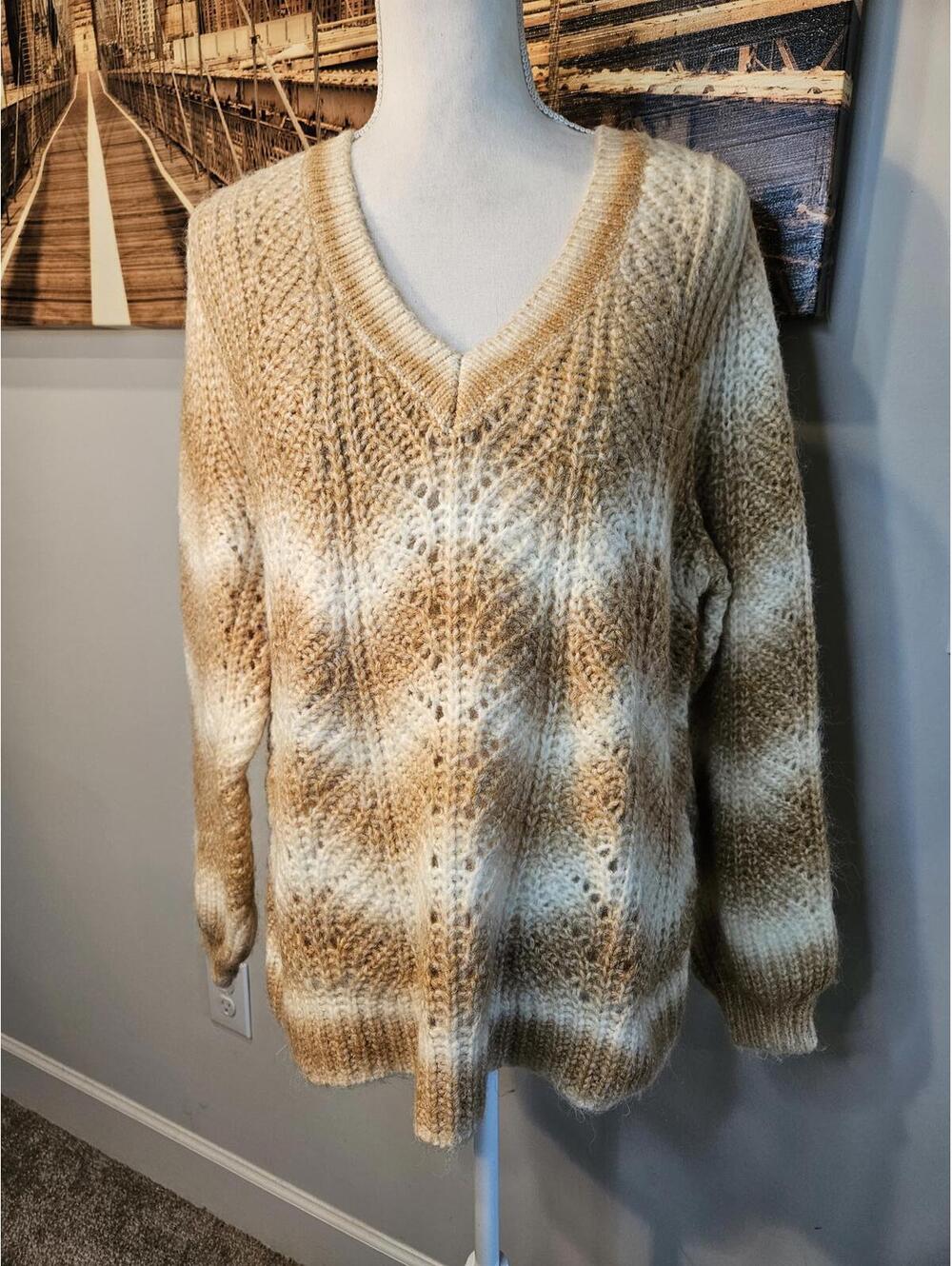 LOFT Women's V-Neck Sweater XL Beige Cream Knit